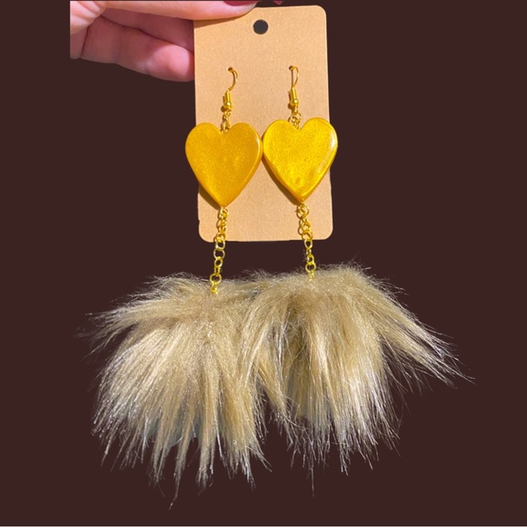 Handmade Gold and Brown Faux Fur Dangle Earrings PomPom - Picture 1 of 2
